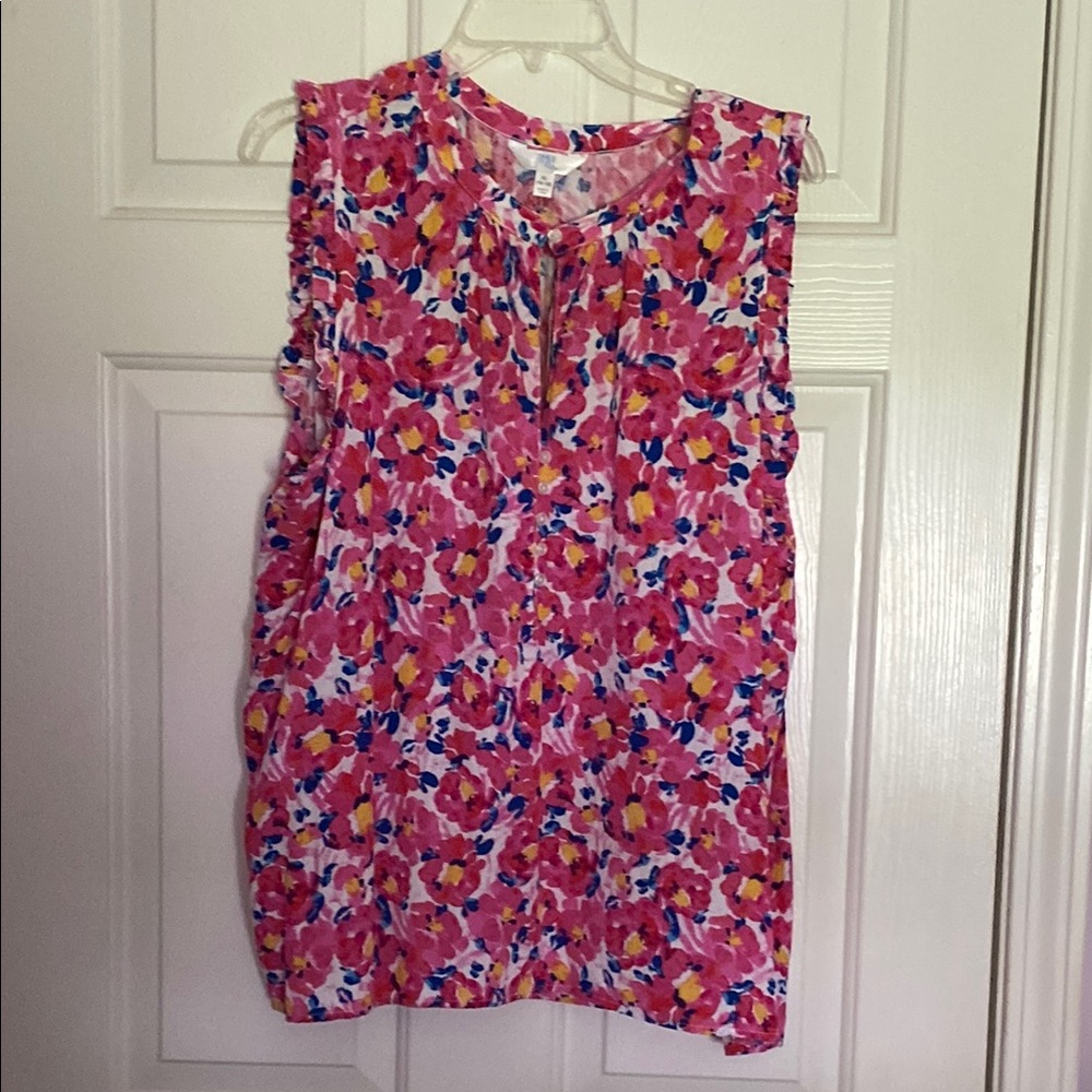 Time and Tru Pink Floral Sleeveless Blouse with Key Hole Neckline